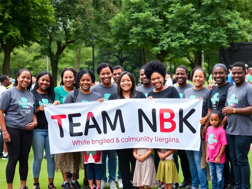 A group photo of TEAM NBK members participating in a community event, emphasizing their commitment to social responsibility.