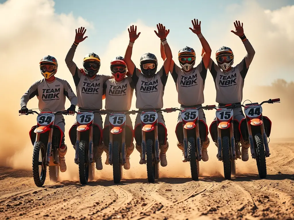 A vibrant image of TEAM NBK riders celebrating a victory, emphasizing the camaraderie and shared success within the team.