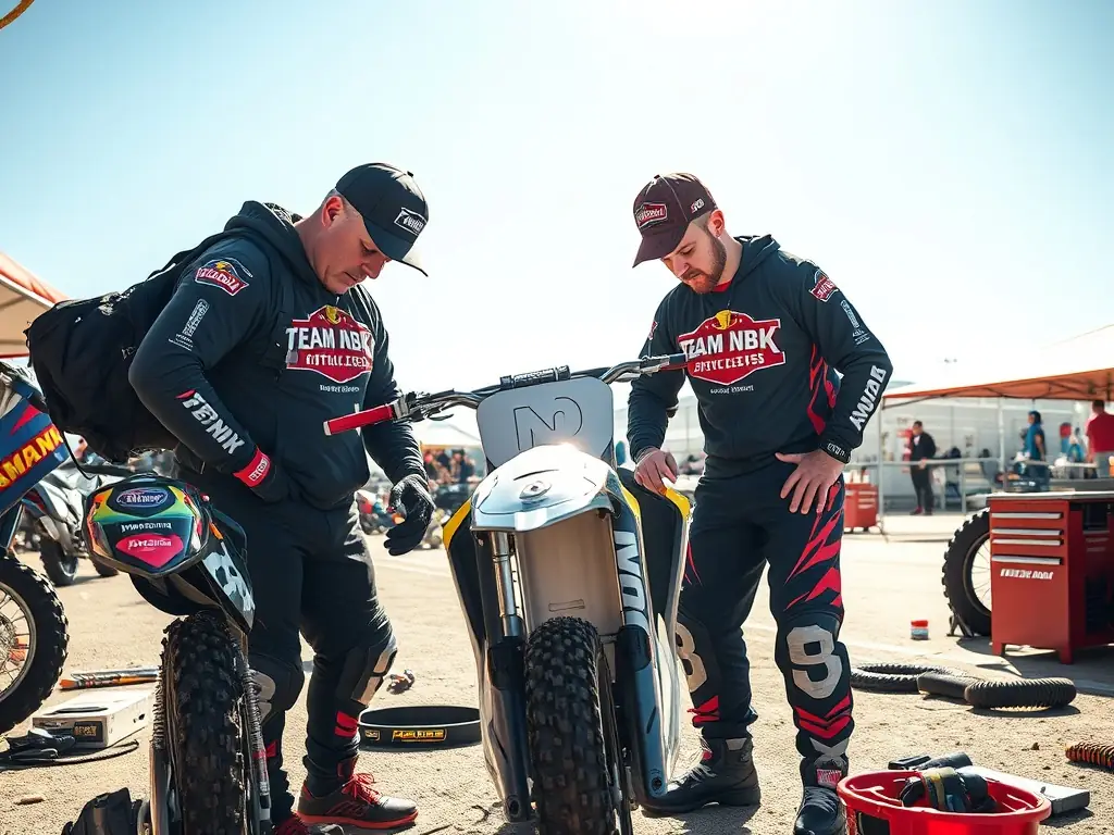 A dynamic shot of TEAM NBK members collaborating on bike maintenance in the pit area during a motocross event, showcasing teamwork and technical skill.