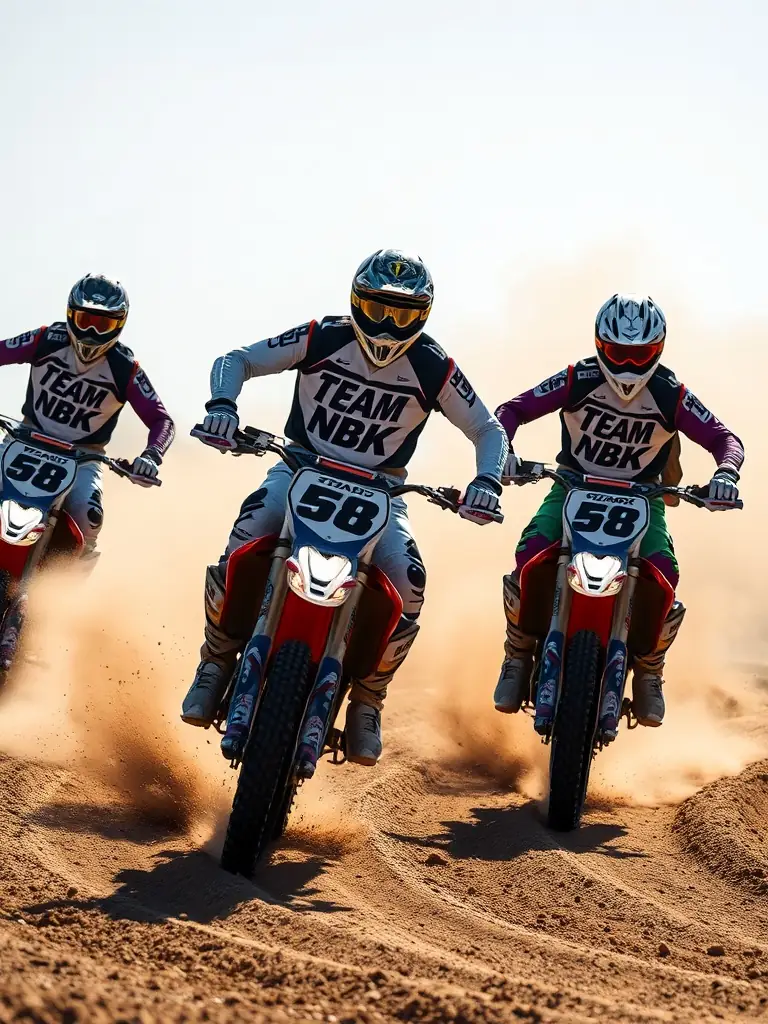Image of TEAM NBK members competing in a motocross competition, showcasing their skills and teamwork, with the TEAM NBK logo prominently displayed.