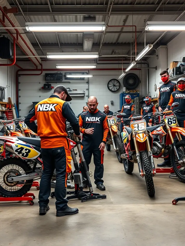 A group of TEAM NBK members working together to maintain and repair motocross bikes in a well-equipped garage.
