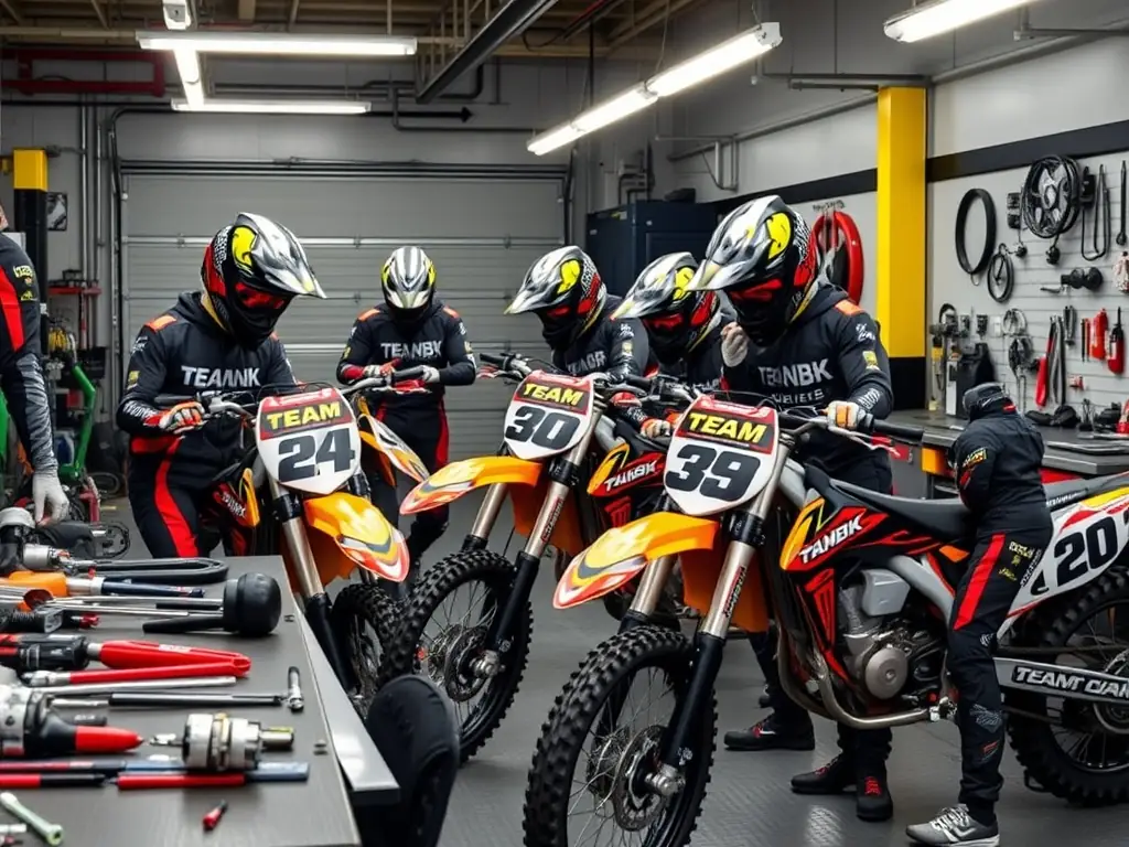 A high-quality image depicting TEAM NBK members preparing their motocross bikes for a race, showcasing the meticulous attention to detail and teamwork involved in equipment preparation.
