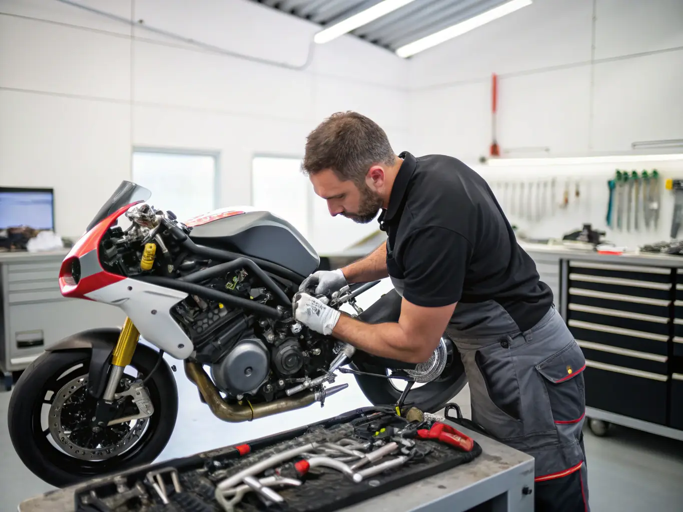 A dynamic shot of TEAM NBK members maintaining their motocross bikes, emphasizing the importance of equipment maintenance and safety in the sport.