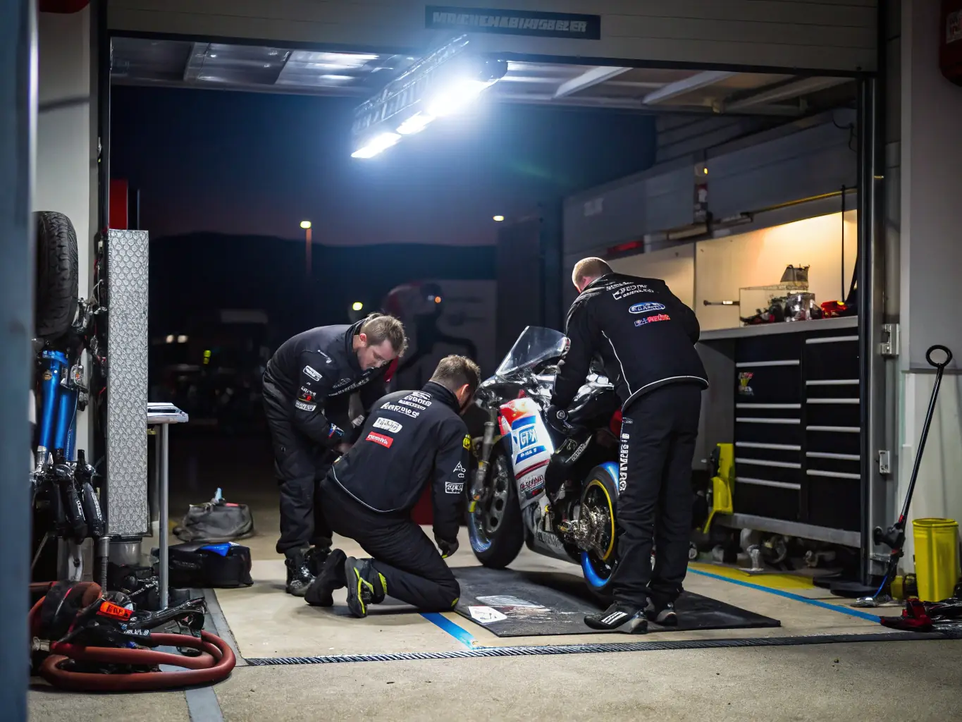 A photograph of TEAM NBK members working together to maintain their motocross bikes, highlighting the importance of teamwork and collaboration in ensuring equipment readiness.