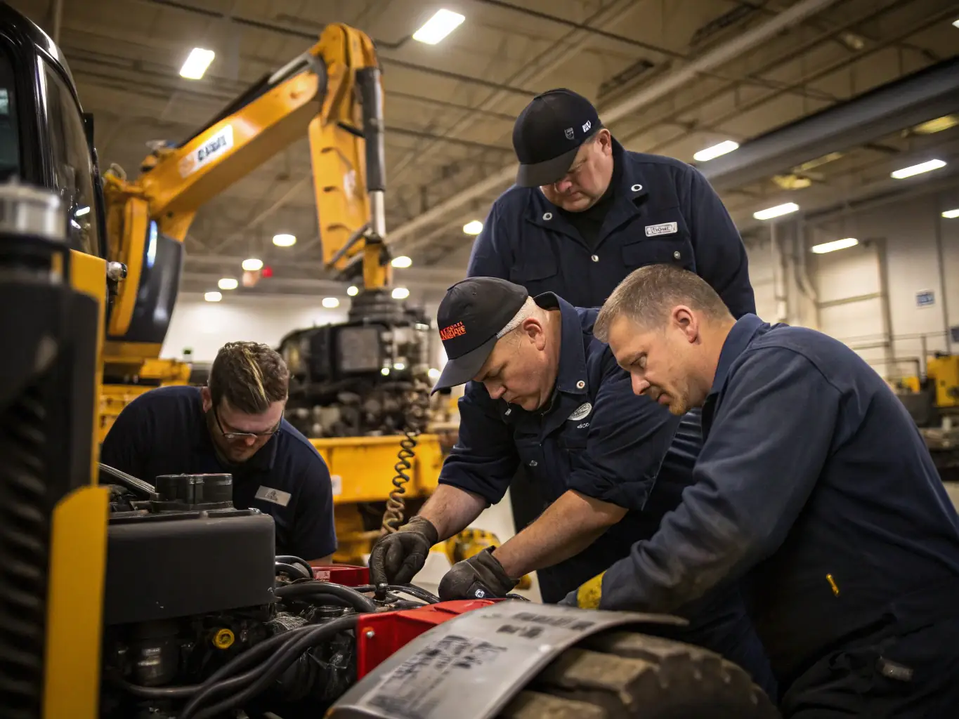 A vibrant image of TEAM NBK members collaborating on equipment maintenance, showcasing teamwork and technical skill development.
