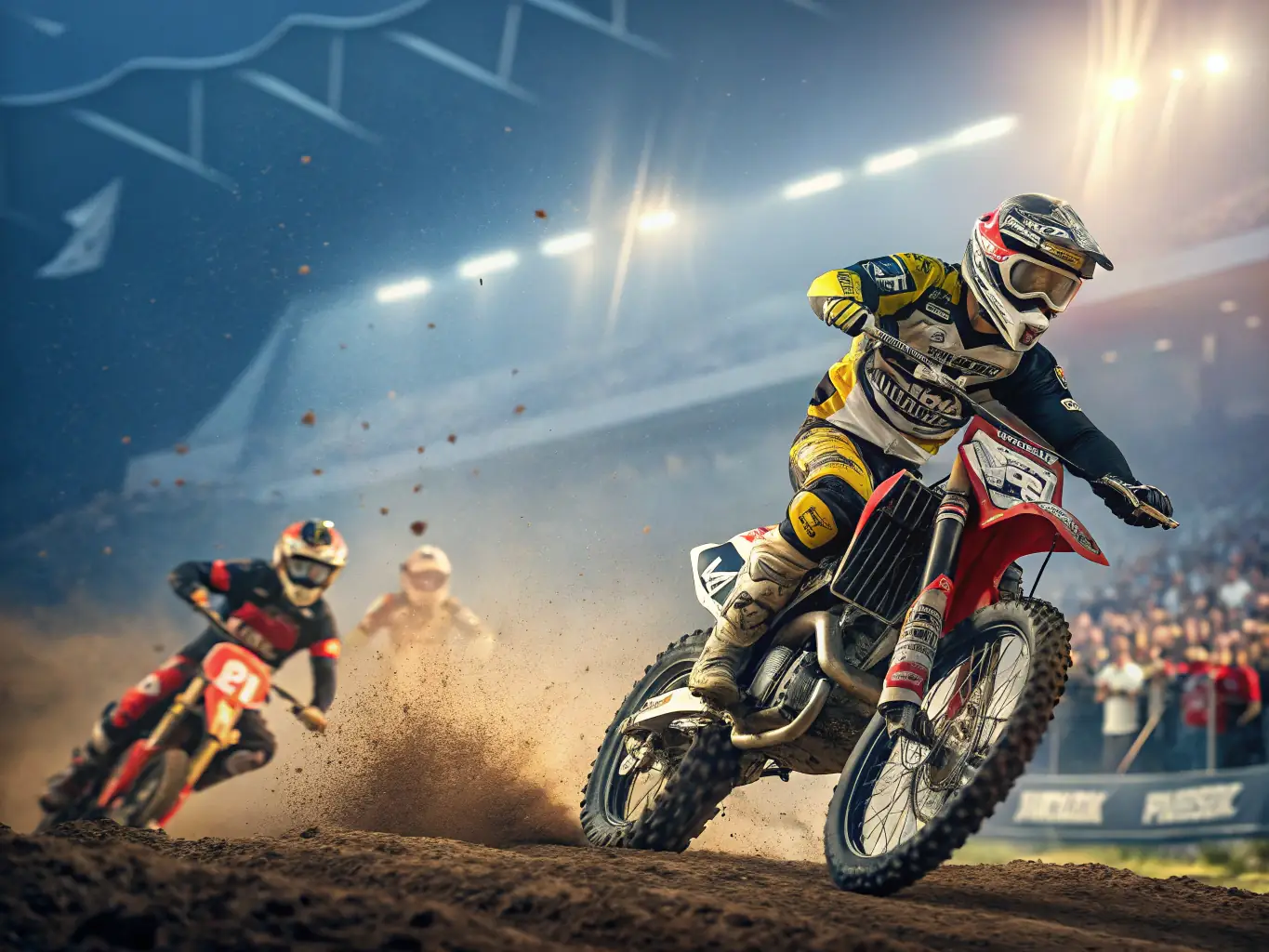 A vibrant image capturing the excitement of a motocross training session, with riders navigating a challenging course under the guidance of experienced instructors. The focus is on skill development and safety.